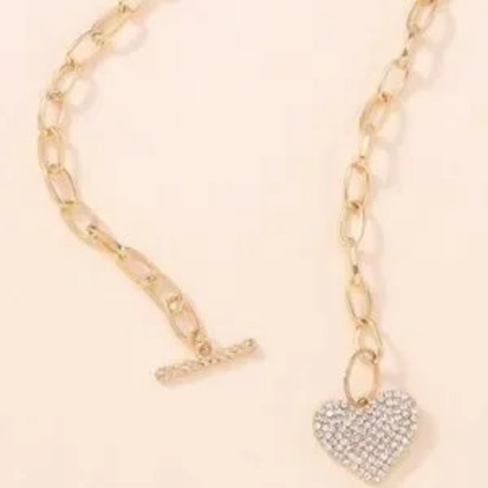 Rhinestone heart Chain Toggle Vday Valentines Day Necklace - Picture 3 of 5
